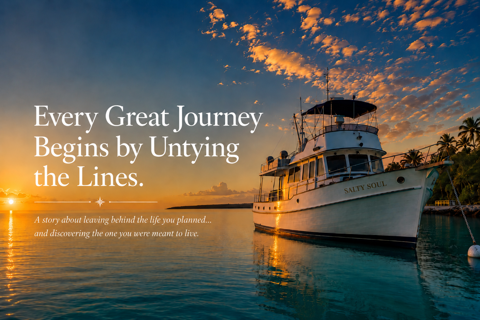Grand Banks trawler at sunrise representing The Journey of a Salty Soul by Michael Hoskins.